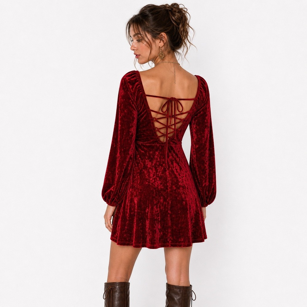 City Vibe Renaissance Mini Dress Medium Red Crushed Velvet Lace Up Festival